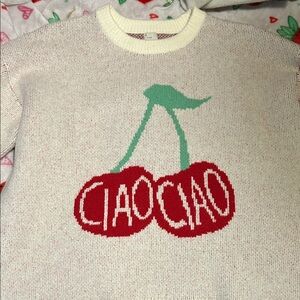 a new day Cream Sweater with Red Cherry Motif